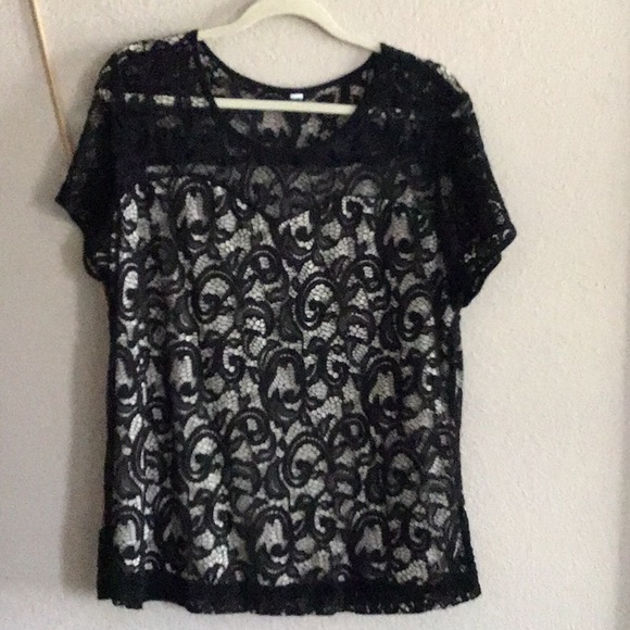 Tops - Black & white lace detail stretch top XL, worn once